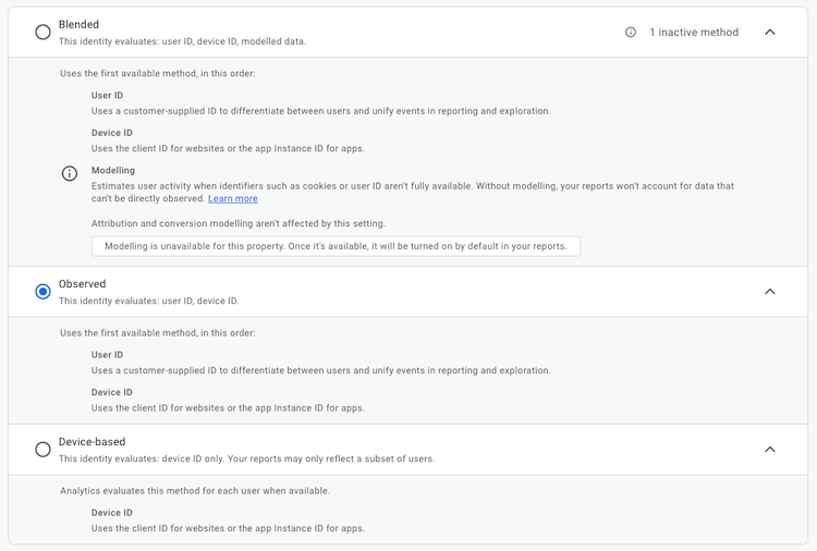 Available reporting identies in GA4