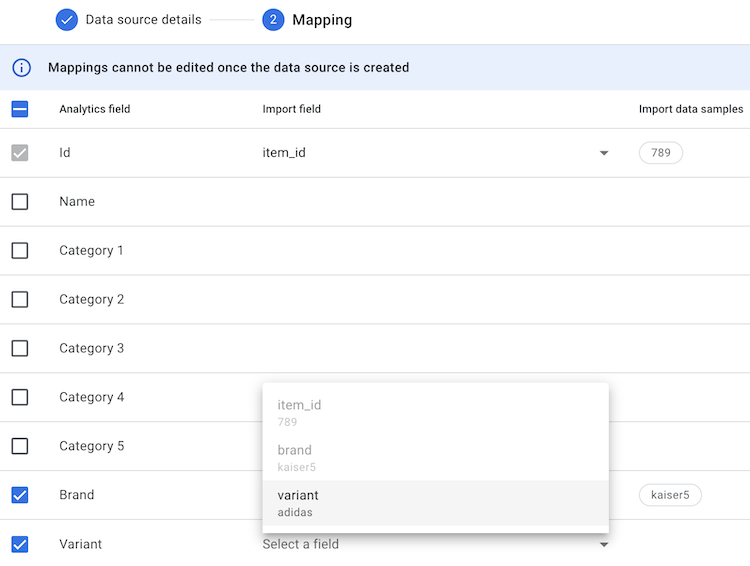Data Import Mapping (item data)