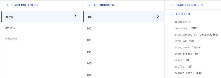 Exemplary Firestore collection for documents with sensitive product data