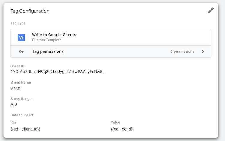 Custom Google Sheets Write Tag